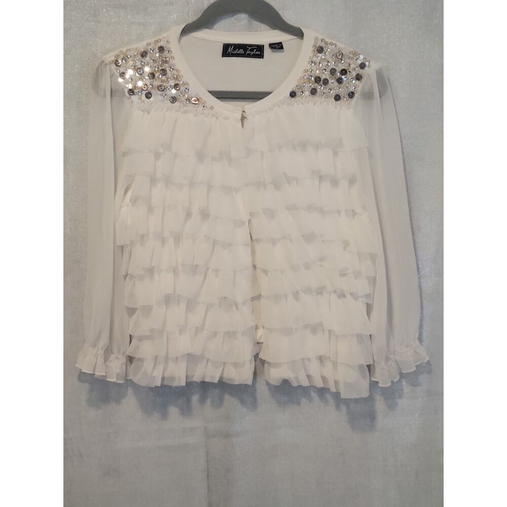 Michelle Taylor M White Sequin Chiffon Rhinestone Ruffle Cardigan Fairycore Glam